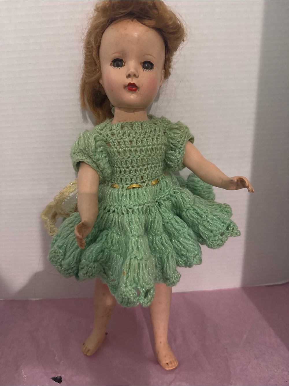 Vintage Kids Doll in Mint Green Knit Dress - Unbranded